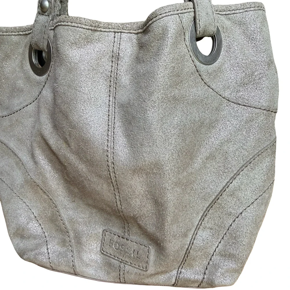 Fossil Metallic Suede Leather Double Handle Shoulder Bag Tote Purse 13x11x4